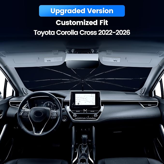 Windshield Sun Shade Umbrella for 2022-2026 Toyota Corolla Cross | 360° Bendable Handle, 10-Rib Frame, Ice Crystal Coating, Sunshade for UV & Heat Block, Corolla Cross Accessories - Image 2