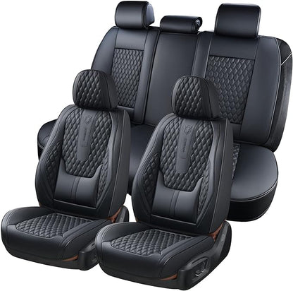 Coverado Car Seat Covers Full Set, Black Seat Covers for Car with Lumbar Support, Nappa Leather Seat Covers Waterproof Car Seat Protectors Universal Fit for Most Cars SUV Trucks by COVERADOAUTO