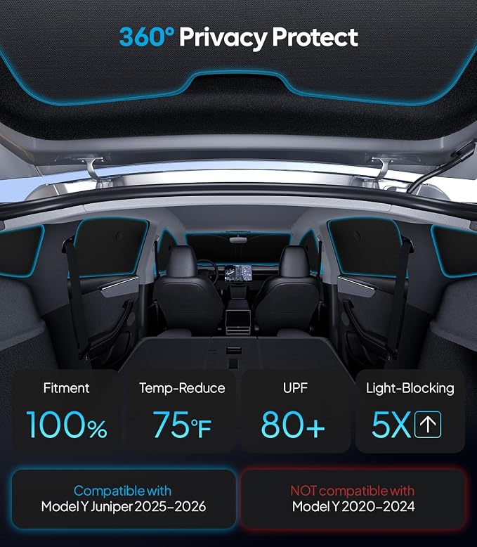 Wigoo 2026 8PC Full Set Window Sunshade for Tesla Model Y Juniper 2025-2026 | 7-Layer Cooler & Blacker, Ice-Crystal Tech, Full Set Shades With Windshield for Sun Block, Camping Accessories - Image 2