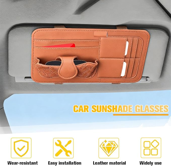 Car Sun Visor Organizer, Multifunctional Visor Storage Pouch with Sunglasses Holder & Card Sleeve Pocket, Auto Interior Organizer Pocket Bag for Pens Cards Documents, Universal Fit (Brown) - Image 5
