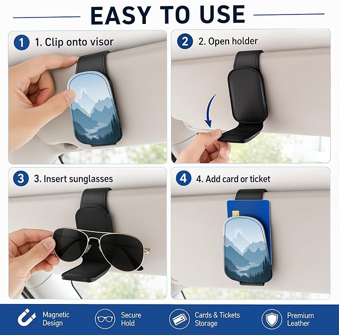 Leather Magnetic Sunglass Holder for Car Sun Visor, Cute Eyeglass Ticket Card Hanger Clip, Universal Auto Interior Accessories for SUV Pickup Truck, Blue Mountain - Image 5