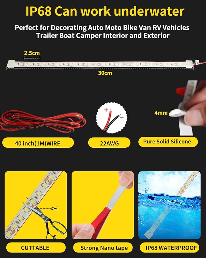 YM E-Bright Waterproof LED Strip Lights, 12in 36SMD 12V Amber 4 Pack | IP68 Flexible strips suit compatible cars, motorcycles, boats, and golf carts for interior or exterior accent lighting. - Image 6
