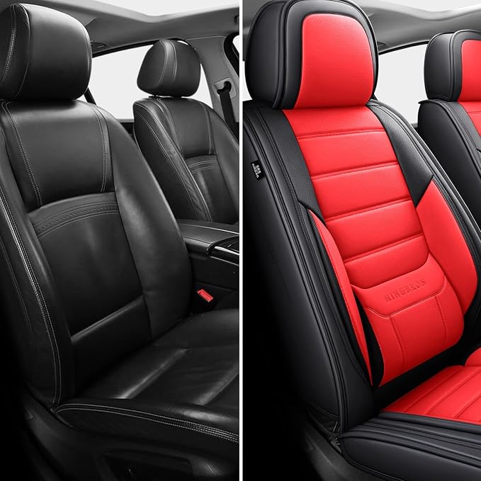 MINGBRON Car Seat Covers Full Set,Black White Car Seat Cover, Car Seat Protector Waterproof, Nappa Leather Car Seat Cushion Fit for Most Cars Red - Image 4