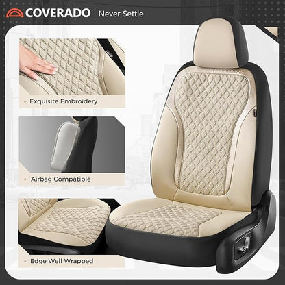 Coverado Car Seat Covers Full Set, Beige Car Seat Covers, Luxury Leather Car Seat Cover with Carbon Fiber Textured Design, Spill-Proof Seat Cushions, Automotive Seat Cover Universal Fit Most Cars - Image 2