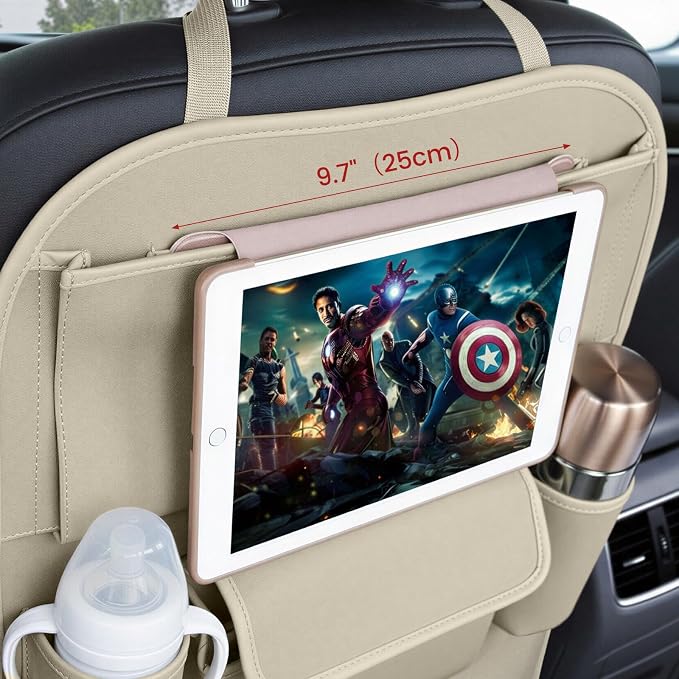 Viaviat Car Seat Organizers Waterproof Backseat Protector with Storage Pocket Large Leather Kick Mats for Kids Pets Automobile SUV Truck (Beige, Large Pocket) - Image 4