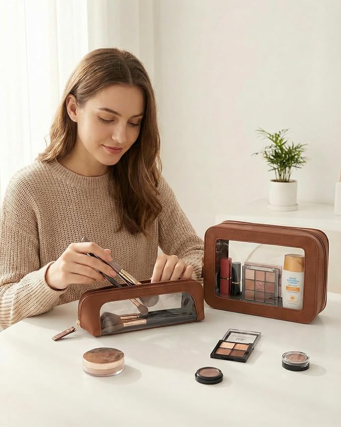 Clear Makeup Bag,PU Leather Mini Makeup Pouch Portable Makeup Brush Case Transparent Waterproof Cosmetic Organizer Pouch with Zipper for Women Home Travel Office Car Organizer and Storage(Slim, Brown) - Image 2