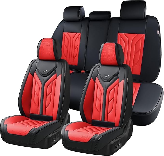 Coverado Car Seat Covers Full Set, Automotive Seat Covers Car Seat Protector Car Seat Cushion, Waterproof Leather Seat Covers for Cars, Universal Fit for Most Sedans SUV Pick-up Truck(Black&Red) by COVERADOAUTO