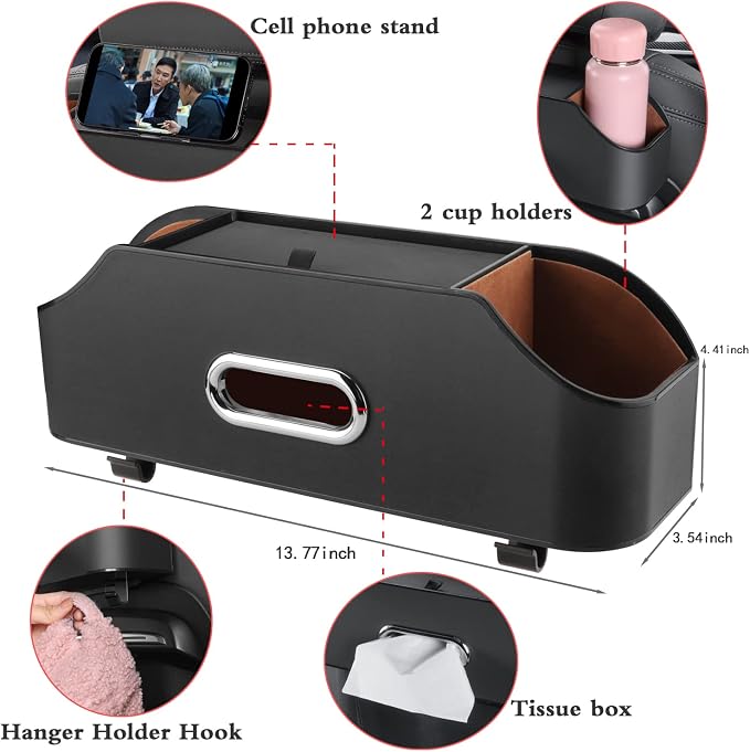 HOLDCY Car Back Seat Organizer with 2 Cup Holders, Tissue Storage, Black | Rigid ABS Frame With Pu Leather, Dual Hooks And Tool-Free Mounting For Cars, Suvs And Trucks With Separate Headrest Posts - Image 2