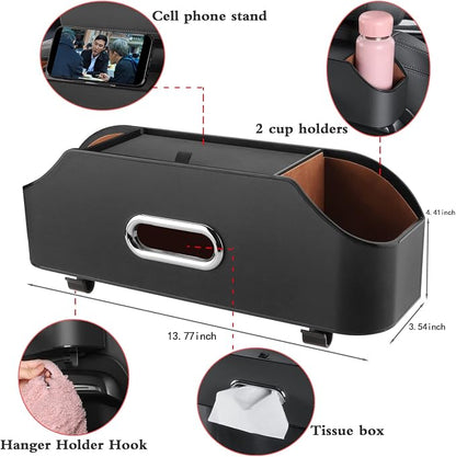HOLDCY Car Back Seat Organizer with 2 Cup Holders, Tissue Storage, Black | Rigid ABS Frame With Pu Leather, Dual Hooks And Tool-Free Mounting For Cars, Suvs And Trucks With Separate Headrest Posts - Image 2