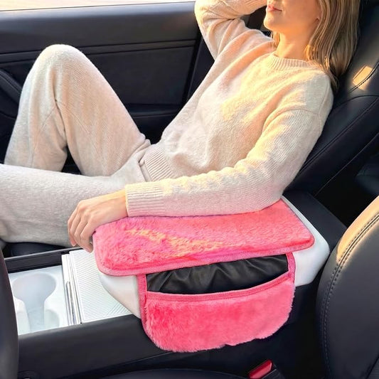 Plush Fuzzy Fur Car Center Console Cover with Side Pockets, Fluffy Armrest Cushion Pad, Soft Car Interior Accessories with Storage for Women. Universal Fit for Vehicles SUV Truck (Pink) - Image 2