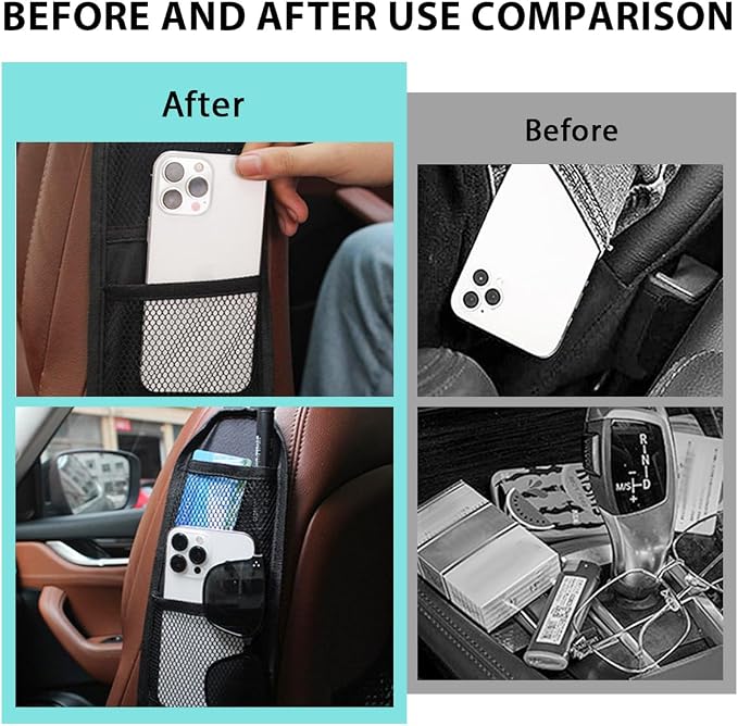 2 PCS Car Seat Side Organizer, Front Seat Side Hanging Bag with Mesh Net Pockets, Multi-Pocket Vehicle Stuff Holder for Mobile Phone Wallet Drink, Universal Car Accessories - Image 4