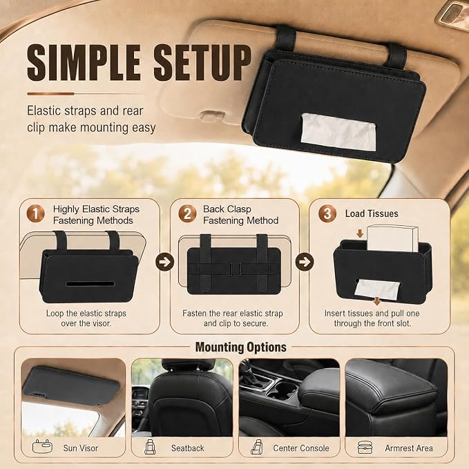 Car Tissue Holder, Leather Rectangular Car Backseat Napkin Storage Box, Multifunctional Vehicle Interior Tissues Organizer Accessories for Keep Auto Tidy (Black) - Image 5
