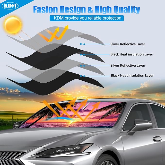 KDM Sunset Beach Style Windshield Sun Shade for 2010-2023 Toyo-ta 4Runner | Foldable Front Reflective Windows Sunshade Visor Protector Blocks UV Rays Heat - Image 3