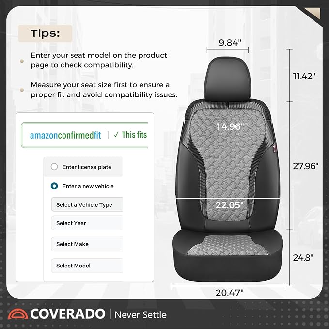 Coverado Car Seat Covers 5 Seats, Leather Seat Covers Full Set, Carbon Fiber Textured Design, Durable Waterproof Seat Protectors, Black&Gray Seat Cover, Automotive Seat Covers Universal Fit Most Cars - Image 7