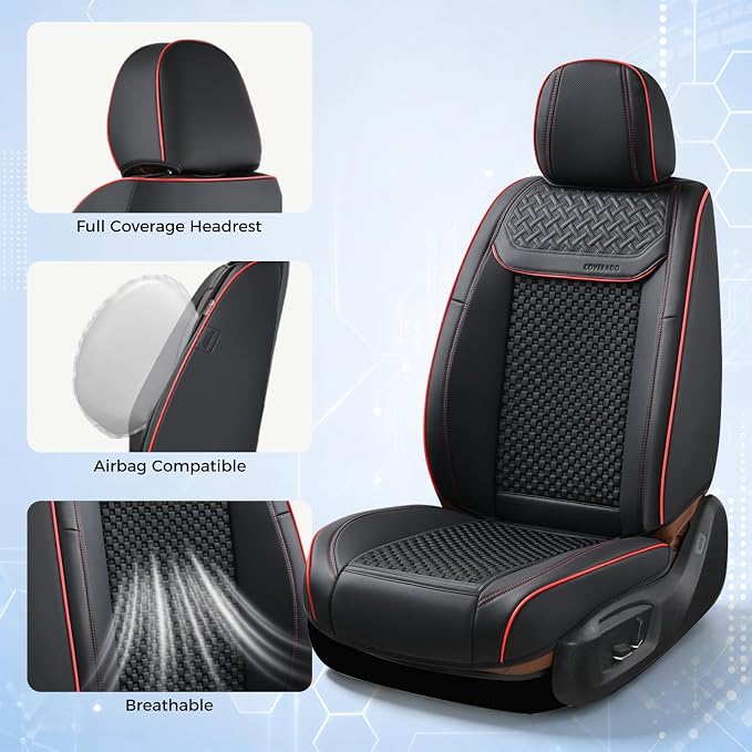 Coverado Leather Seat Covers for Car, Waterproof Car Seat Covers Full Set, 2 in 1 Conversions Car Seat Cover Protector Car Accessories Universal Fit for Most Cars SUVs and Trucks (Black&Red) - Image 6