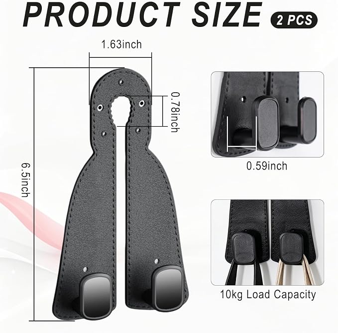 Headrest Hooks for Car 2 Pack, Upgraded Double Metal Hooks with Leather Cover, Car Seat Back Storage Organizer with Anti-Drop Design, for Purses, Handbags, Coats, Groceries (style1) - Image 2