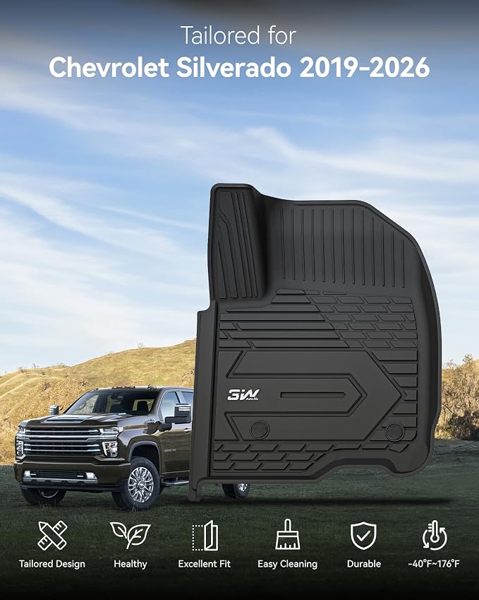 3W Floor Mats Fit for 2019-2026 Chevy Silverado/GMC Sierra 1500 | 2020-2026 GMC Sierra 2500 HD/3500HD Crew Cab TPE All Weather Custom Fit, with Factory Carpeted Storage - Image 2
