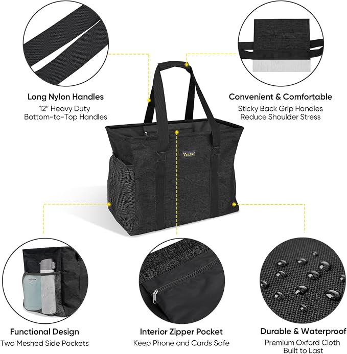 BALEINE Extra Large Utility Tote Bag with Reinforced Wire Frame, Reusable Grocery Bag for Shopping, Picnic (Black, 16.5''x14''x10'') - Image 3
