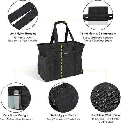 BALEINE Extra Large Utility Tote Bag with Reinforced Wire Frame, Reusable Grocery Bag for Shopping, Picnic (Black, 16.5''x14''x10'') - Image 3