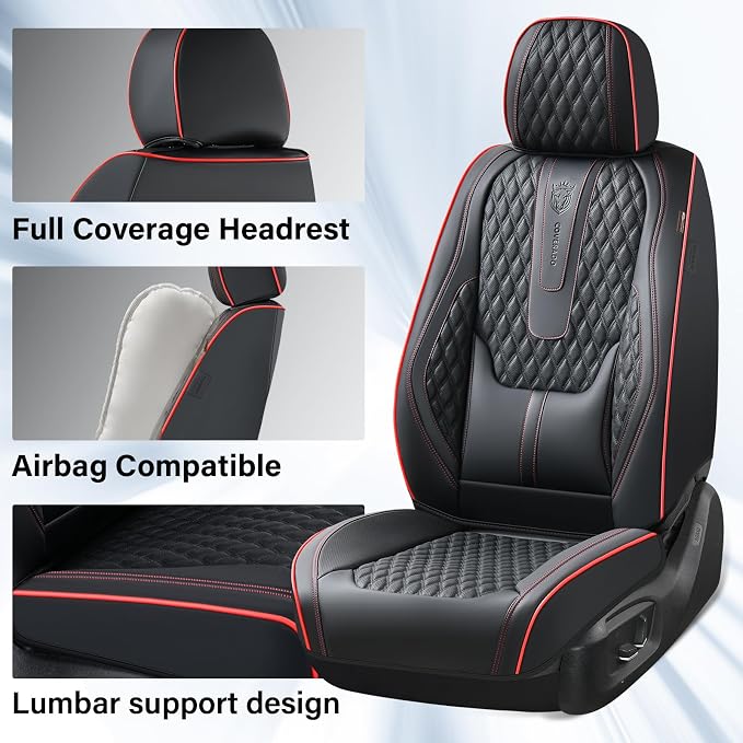 Coverado Front Seat Covers, Car Seat Covers Front Seats, Nappa Leather Seat Covers for Cars, Waterproof Seat Covers with Lumbar Support Universal Fit for Most Cars SUV Trucks (Front, Black-Red line) - Image 3