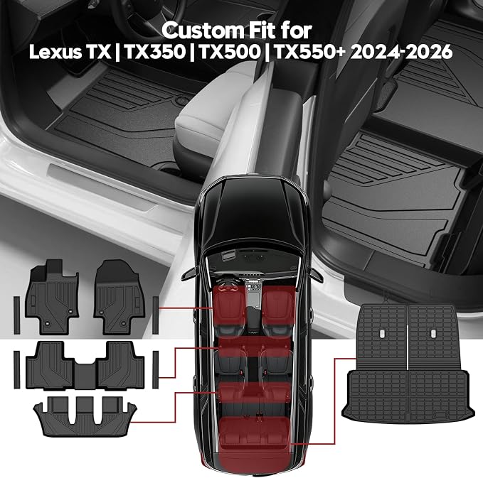T TGBROS Floor Mats for Lexus TX|TX350|TX500|TX550+ 2024 2025 2026, All-Weather Custom Fit TPE Liner Set with Front & Rear Mats and Trunk Cargo Liner & Door Sill Guards Kit, 9PCS - Image 2