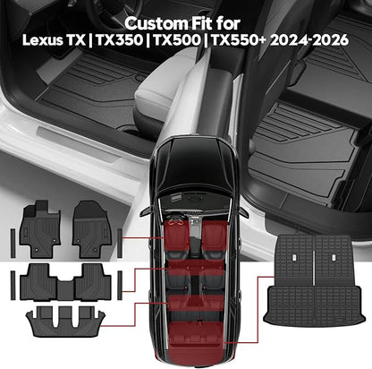 T TGBROS Floor Mats for Lexus TX|TX350|TX500|TX550+ 2024 2025 2026, All-Weather Custom Fit TPE Liner Set with Front & Rear Mats and Trunk Cargo Liner & Door Sill Guards Kit, 9PCS - Image 2