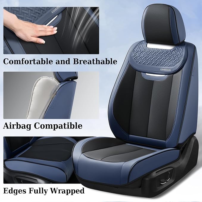 Coverado Front and Back Seat Covers for Cars, Nappa Leather Car Seat Covers Full Set, Waterproof Carseat Protector Seat Cushion, Luxury Automotive Seat Covers Universal Fit for Most Cars(Blue&Black) - Image 7
