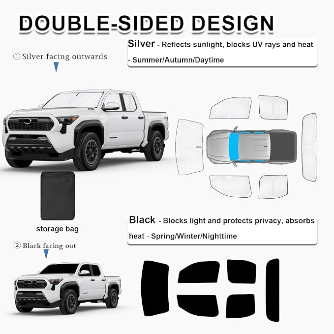 KMF Car Sun Shades for Toyota Tacoma Double Cab 2024 2025 2026 Accessories,Thickened Full Car Window Covers Sunshade for Windshield Side Rear, UV Block and Blackout Privacy for Camping Outdoor 6pcs - Image 5