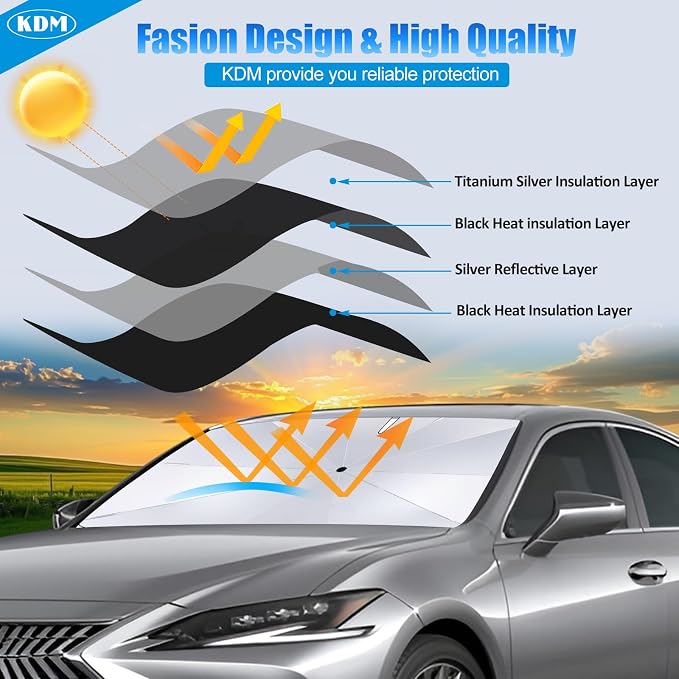 KDM Umbrella Style Windshield Sun Shade Fit for 2016-2025 to-yota Tacoma | Foldable Front Windows Sunshade Visor Protector Blocks UV Rays Heat,5 Layer - Image 3