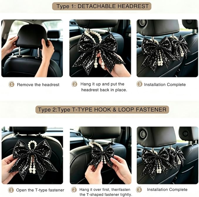 2 Pack Pearl Car Seat Headrest Hook with Bow & Sequin/Leopard/Polka Dot Design – Cute Purse Hanger for Vehicle,Grocery Bags, Umbrellas, Seat Back Organizer for Women (Black Sequins) - Image 6