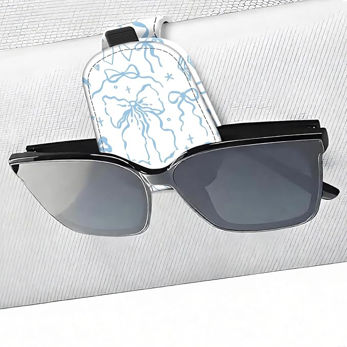 Leather Magnetic Sunglass Holder for Car Sun Visor, Cute Eyeglass Ticket Card Hanger Clip, Universal Auto Interior Accessories for SUV Pickup Truck, Blue Ribbon by Unknown