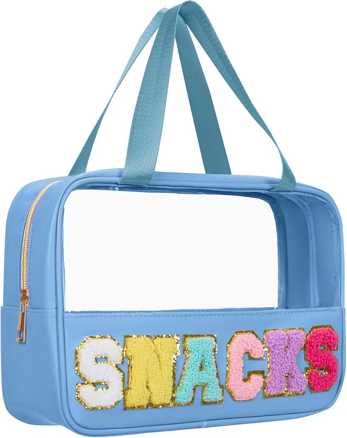 Snack Bags Chenille Letter Patch Clear Bag Snacks Bag for Travel, Preppy Cosmetic Bag Snacks Pouch with Zipper, Toiletry Bag for Traveling women, Clear Travel Bags for Toiletries (Blue-Snack) by Burskit%E2%80%94ShineYourBrightestSelf