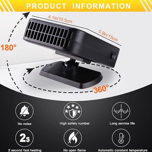 Portable Car Heater & Defroster – 12V 200W Fast Heating and Cooling Fan | Plug in Cigarette Lighter Windshield Defogger,with 360° Rotatable Portable Car Heaters for Vehicle, SUV & RV - Image 7