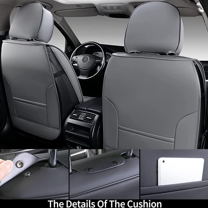 Coverado Front Seat Covers, Waterproof Nappa Leather Car Seat Cover, Sideless Car Seat Covers Front Seats, Driver Seat Cover, Car Seat Protector Universal Fit for Most Sedans SUV Truck, Grey - Image 2