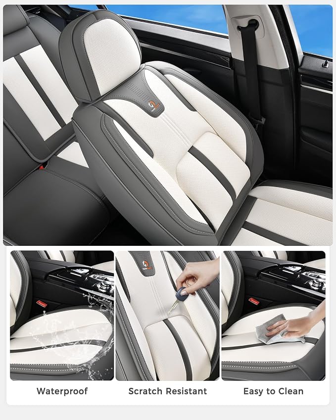 Huidasource Front Car Seat Covers Luxury Nappa Leather, Car Seat Covers Front Seats with Airbag, Front Storage Pocket, Lumbar Support Cooling＆Heating Universal Fit for Most Cars SUV Trucks, Gray&White - Image 7