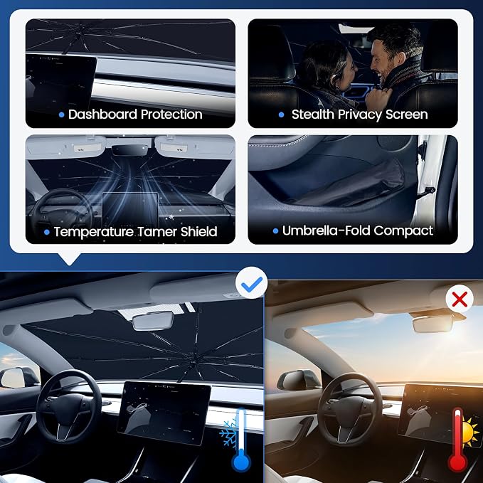Windshield Sun Shade Umbrella for Ford Bronco 2021-2026 Accessories, 360° Bendable Handle Protects Console, U-Shape Cutout for Rearview Mirror, Foldable Car Window Sunshade UV Ray Protection - Image 5