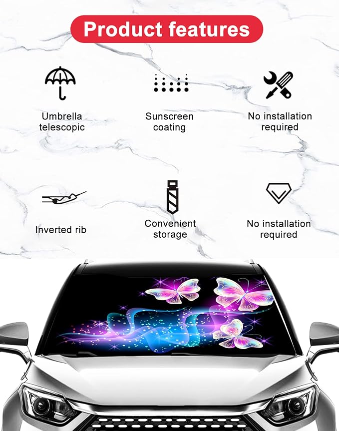 Purple Butterfly Car Sunshade - Windshield Umbrella, UV Rays Block, Heat & Cool Vehicle, Foldable Reflective Sunshade (57 x 31 in) - Image 4