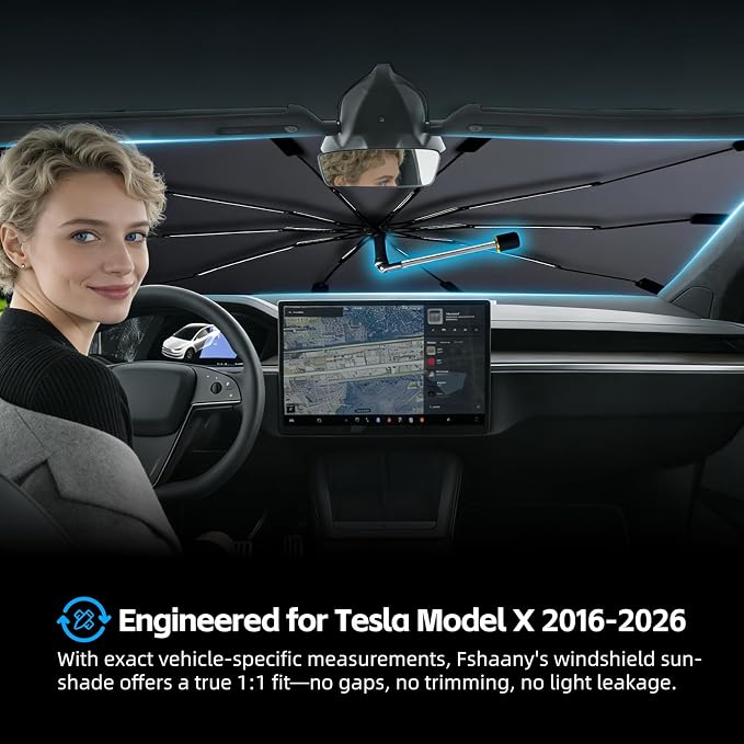 Windshield Sun Shade Umbrella for Tesla Model X 2016-2026 Front Window | Heat-Reflective Window Shade, Umbrella Sunshade Cover Blocks Heat, Protects Interior, Vehicle-Specific Precision Fit - Image 2