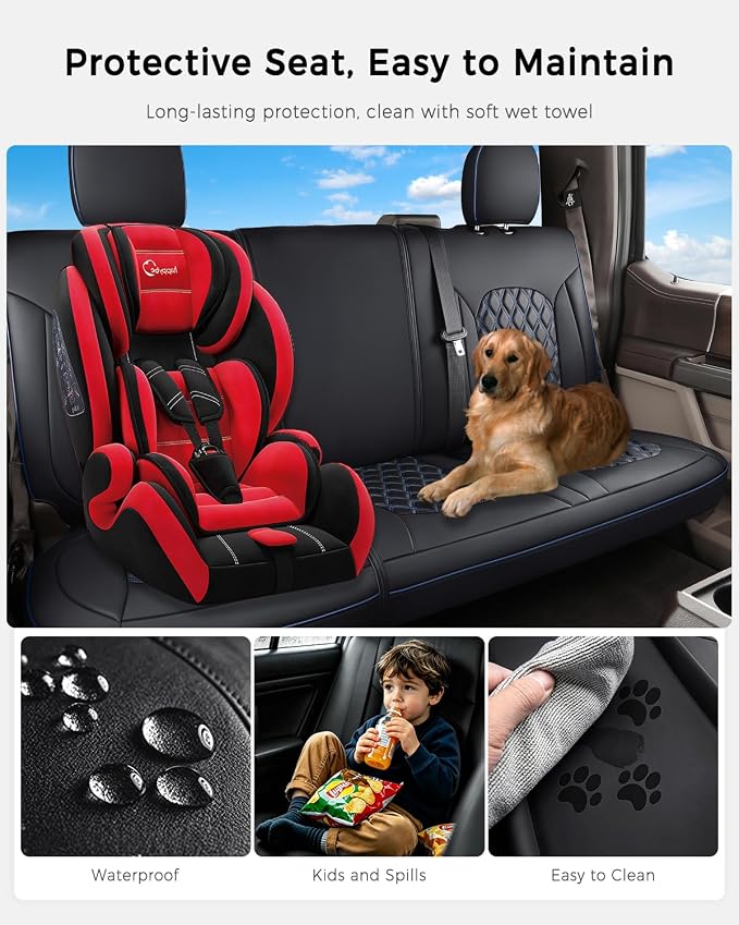 Huidasource Custom Fit Ford F150 Rear Bench Split Leather Seat Covers Fit for 2015-2026 F150 SuperCrew & 2017-2026 F250 F350 F450 Super Duty Crew Cab Pickup King Ranch Platinum(Back Row/Black&Blue) - Image 4