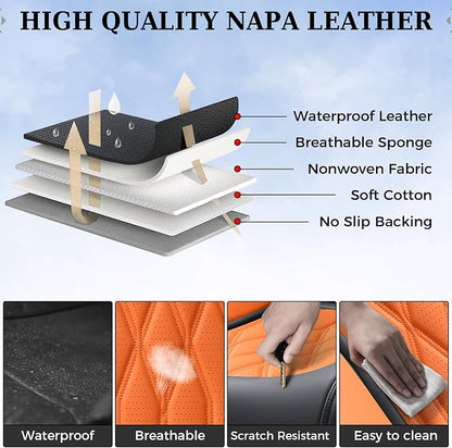 Coverado Front Seat Covers, Car Seat Protector, Waterproof Nappa Leather Cushion, Fit for Most Sedans SUV Pick-up Truck-Black&Orange - Image 6