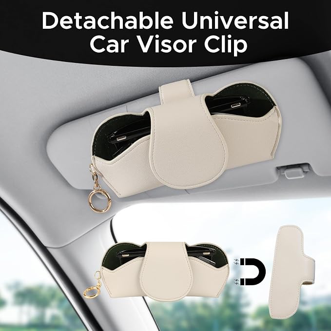KINIVA Sunglasses Holder for Car Visor with Hanging Hook Portable Leather Glasses Storage Bag with Detachable Clips - Image 2