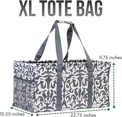 Extra Large Utility Tote Bag - Oversized Collapsible Reusable Wire Frame Rectangular Canvas Basket With Two Exterior Pockets For Beach, Pool, Laundry, Car Trunk, Storage - Damask Gray - Image 3