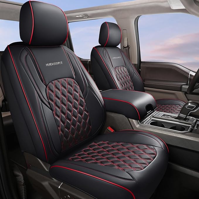 Huidasource 2007-2017 Wrangler JK Seat Covers 2 Door Full Set, Black&Red | Waterproof Leather Custom Car Seat Cover, JK Seat Cushion Protector Fit for Jeep Wrangler JK 2-Door Sahara Sport Rubicon by Huidasource