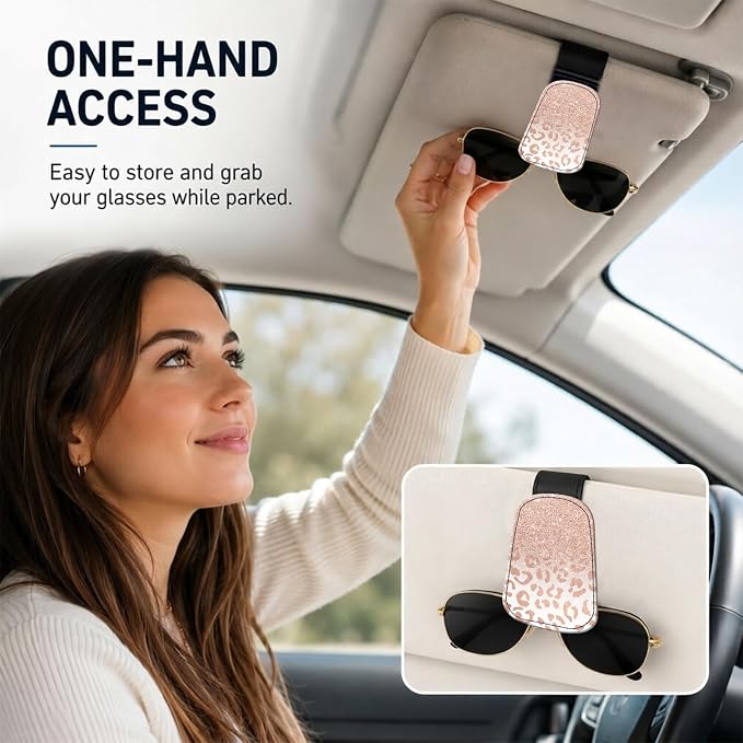 Leather Magnetic Sunglass Holder for Car Sun Visor, Cute Eyeglass Ticket Card Hanger Clip, Universal Auto Interior Accessories for SUV Pickup Truck, Ombre Leopard - Image 2