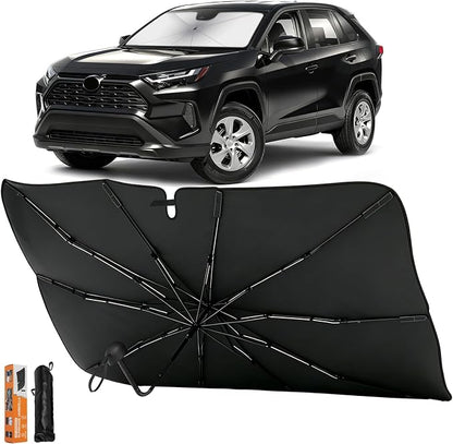 Foldable Car Windshield Sun Shade Umbrella with Rearview Mirror Notch, Titanium Silver UV Blocker for Heat Reduction, Bendable Handle & Anti-Scratch Tips, Fits Sedan SUV (Large 57"x33") by ZERIXA
