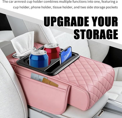 5-in-1 Car Center Console Cover,Leather Car Armrest Cover with Cup Holder/Storage Pocket/Phone Holder/Cars Tissue Holders,Thickened Cars Armrest Storage Box for Relieving Elbow Fatigue (Pink) - Image 6