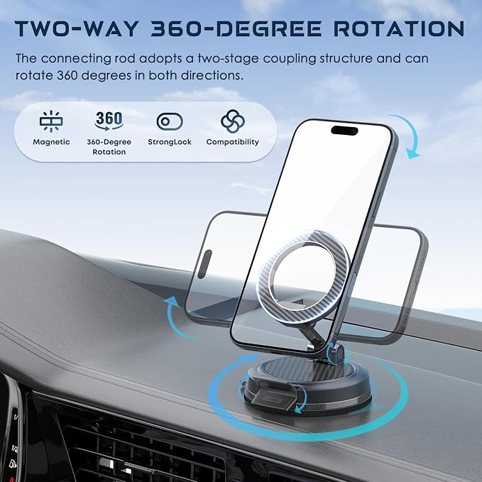 Strong Magnetic Phone Holder for Car & Desk, Compatible with MagSafe, Secure Lock, Universal 360° Rota-Table Car Phone Mount for Dashboard, Glass, Table, Carbon Fiber - Image 2