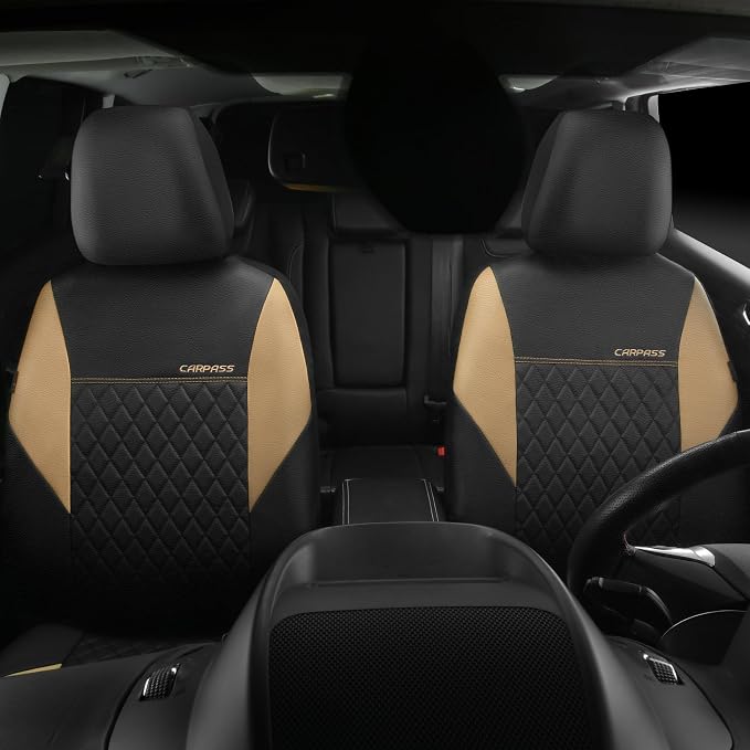 CAR PASS Quilting Leather Front Seat Covers, Automotive Waterproof Deluxe PU Premium Vinyl Luxury Two Front Seats Only Universal Fit for Cars Sedans SUVs Airbag Compatible,2 Pieces,Black&Beige - Image 7