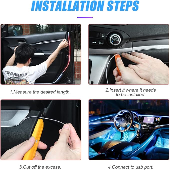 16FT EL Wire Strip Lights, USB Car Neon Trim, Sewing Edge, Pink | USB-powered operation, sewing-edge design, fuse protection, interior ambient lighting use, cut-to-length construction - Image 4