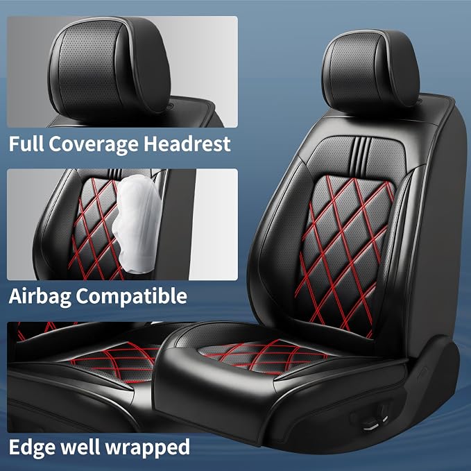 Rio Car Seat Covers Custom Fit for KIA Rio 2014-2025 2026, Premium Full Coverage Leather Automotive Seat Protectors, All Seasons Waterproof Breathable, Airbag Compatible (Full Set, Red & Black) - Image 2